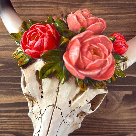 LIKE NEW Boho Steer Head w Flowers Wall Art - Picture 3 of 11